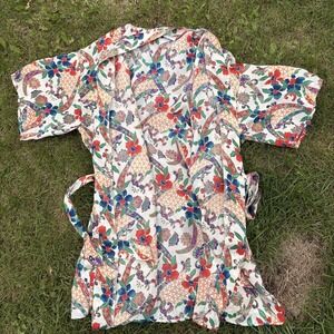 Vintage Satin Robe Copacabana Womens S/M Tropical Mandala Japanese‎ Shimmer Belt